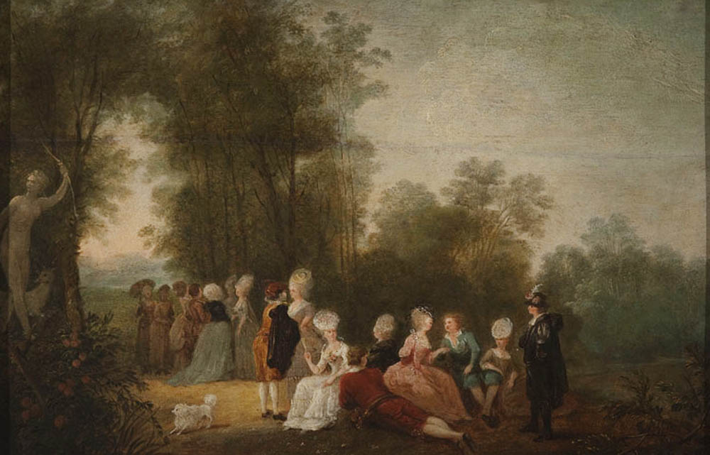 Jean Pierre Norblin de la Gourdaine, "Zebranie towarzyskie w parku pod posągiem Diany", 1779, olej, deska dębowa, fot. MNW