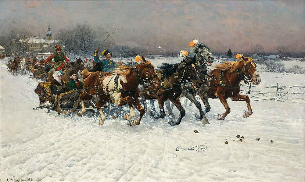 阿尔佛雷德·维洛什-科瓦尔斯基（Alfred Wierusz-Kowalski）《立陶宛乘雪橇队》（"Kulig. Litewska sanna"），1883年，图片来自：http://www.agraart.pl网站