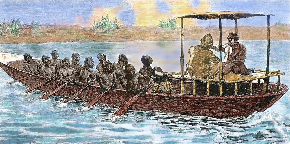 Stanley and Livingstone in a canoe on the Ruzizi river. Coloured engraving, photo: Album / Prisma / East News