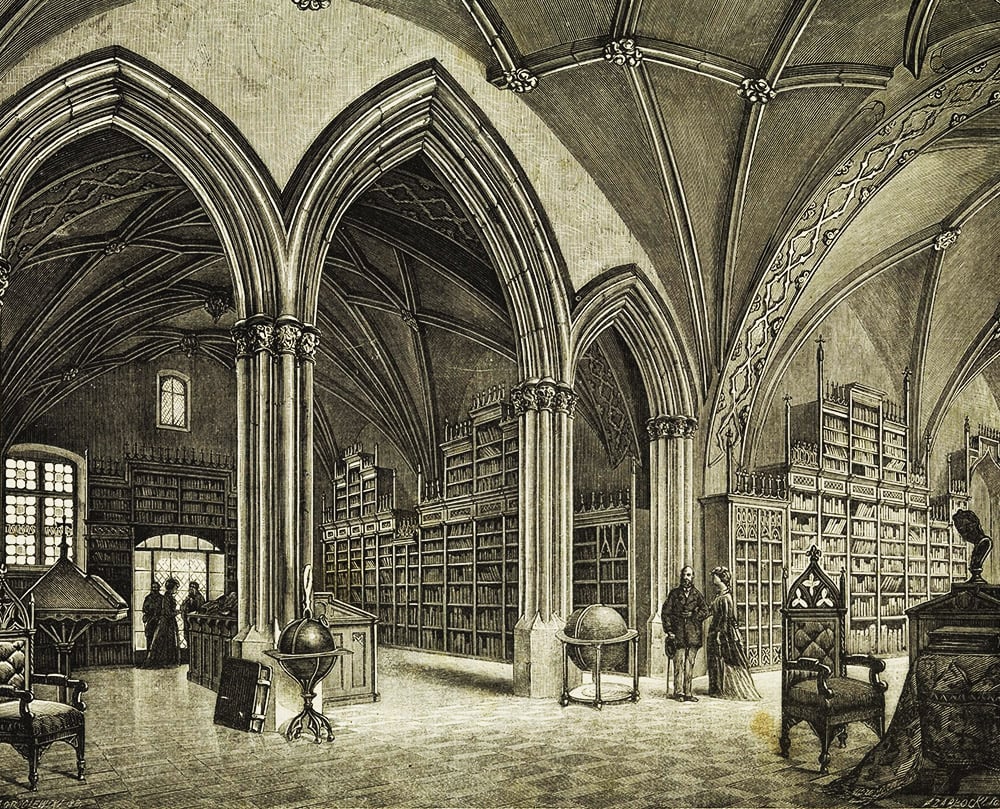 Aleksander Gryglewski, Sala główna Biblioteki Uniwersytetu w Krakowie, drzeworyt sztorcowy, 1871, "Kłosy" 1871, nr 330, fot. wikimedia.org