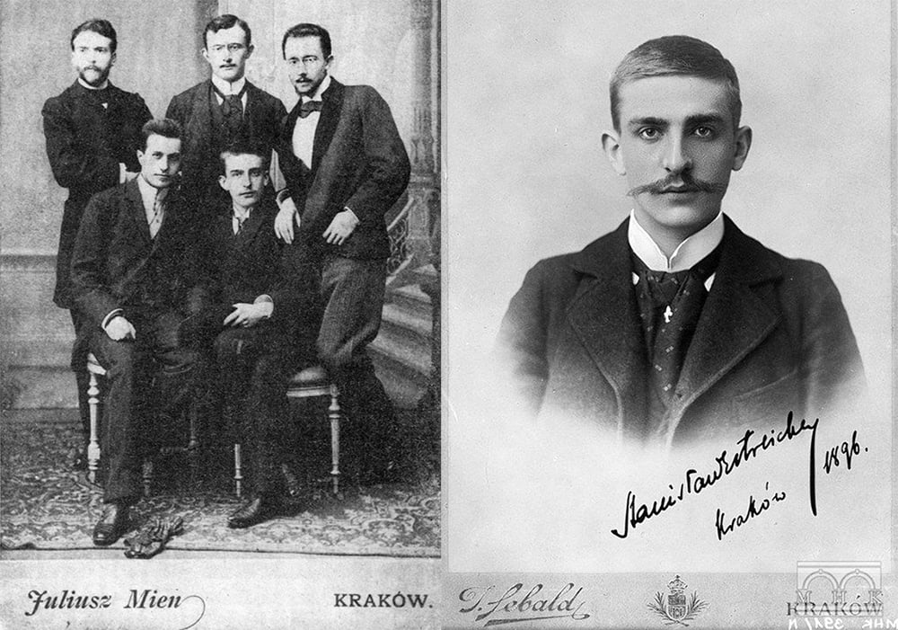 Na zdjęciu: Stanisław Wyspiański, Lucjan Rydel, Karol Maszkowski; siedzą od lewej Henryk Opieński, Stanisław Estreicher, 1893, reprodukcja pochodzi z "Listy Stanisława Wyspiańskiego do Lucjana Rydla", vol. 2, Wydawnictwo Literackie, Kraków, Poland, 1979, fot. Juliusz Mień. Stanisław Estreicher, 1896, Józef Sebald, przefotografował Edward Heczko, fot. Muzeum Historycznego Miasta Krakowa