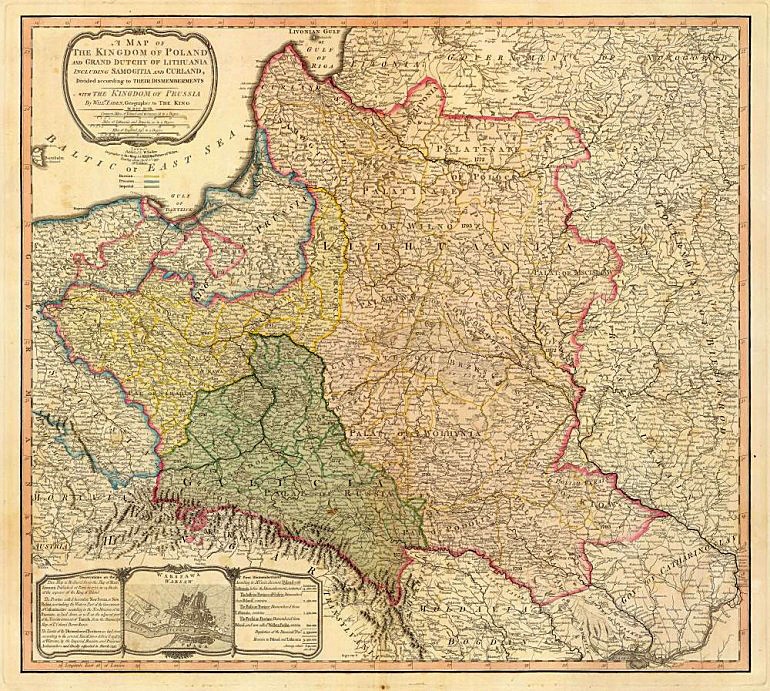 A map of the Kingdom of Poland and the Grand Duchy of Lithuania including Samogitia and Curland divided according to their dismemberments with the Kingdom of Prussia" from 1799; Source: Wikimedia: Commons