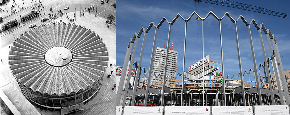 The Rotunda building, 1966, Warsaw, photo: Lucjan Fogiel/Forum. The construction of the new Rotunda in Warsaw, 2018, photo: Radek Pietruszka/PAP