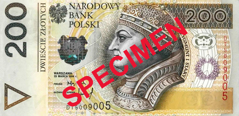 A digital specimen of the 200 zloty banknote, source: National Bank of Poland