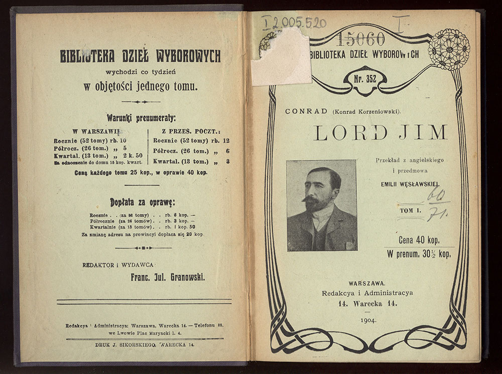 Tom pierwszy polskiego wydania ksiązki "Lord Jim", 1904, Warszawa, photo:https://polona.pl (Polona)