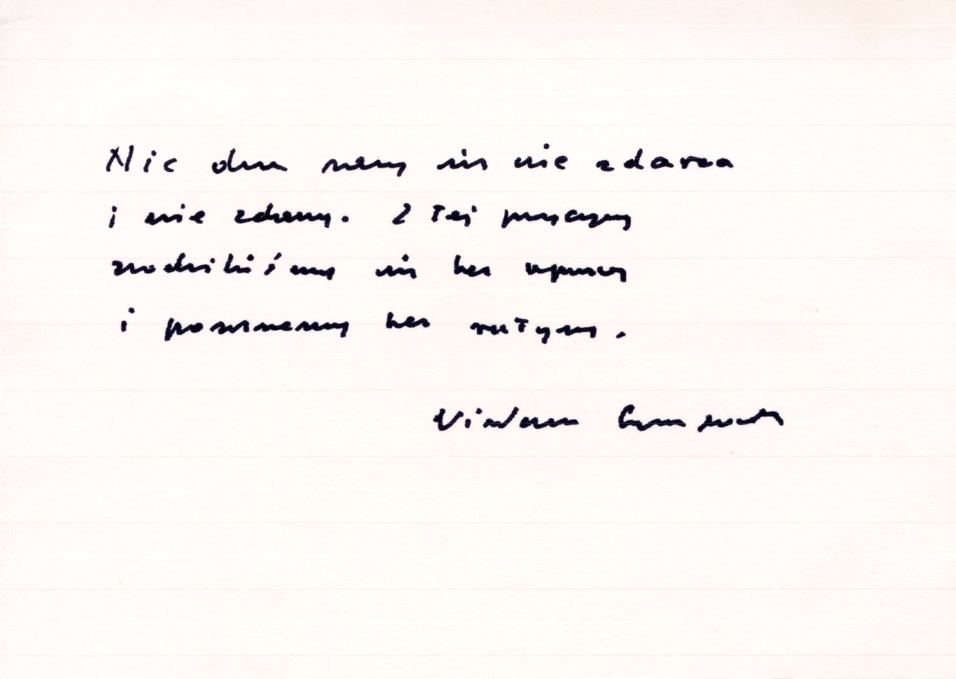 Autograf fragmentu wiersza Wisława Szymborskiej "Nic dwa razy się nie zdarza"