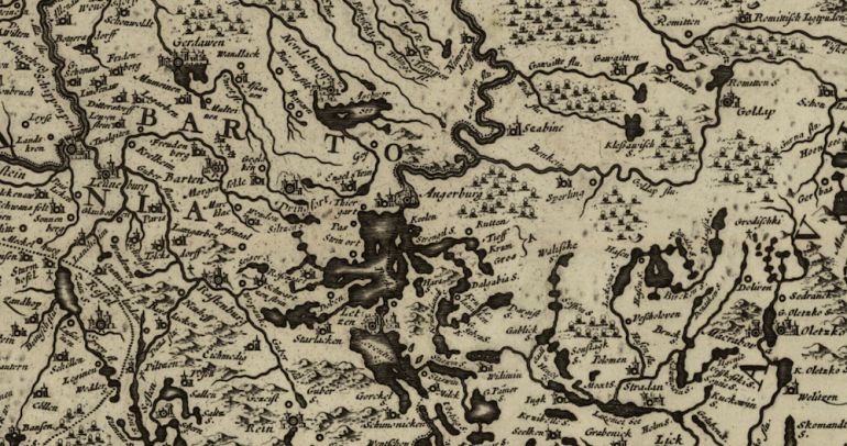 Not quite Transilvania the map shows part of Masuria with Angerburg in the middle of the image, the village of Harsz is south of Angerburg; Nicolaes Visscher, Magnae Prussiae Ducatus Tabula, source: Polona.pl