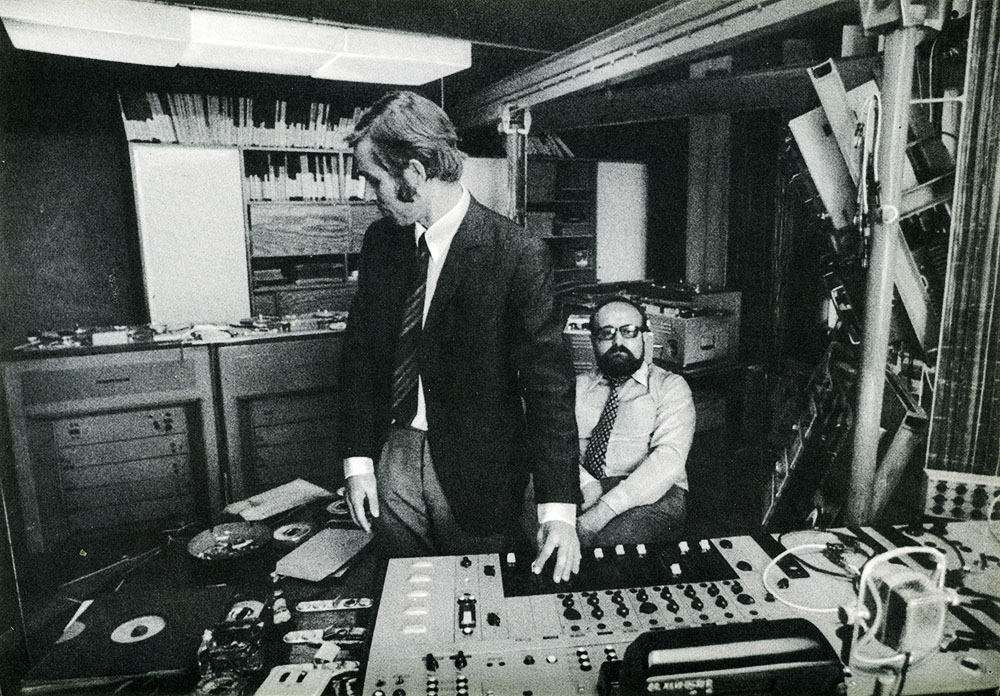 Krzysztof Penderecki & Eugeniusz Rudnik at the Experimental Studio of the Polish Radio, April 1972, photograph from Ludwik Erhardt's book 'Spotkania z Krzysztofem Pendereckim' (Meetings with Penderecki)