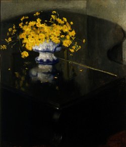 Żółte kwiaty na fortepianie 1921, olej, tektura foto T. Żółtowska-Huszcza w zbioach Muzeum Narodowego w Warszawie