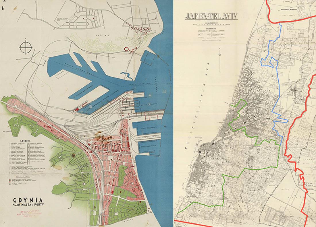 Gdynia. Plan miasta i portu, 1930, fot. Archiwum Narodowe w Krakowie. Tel Awiw. Plan miasta I portu 1930,  fot. Wikimedia.org