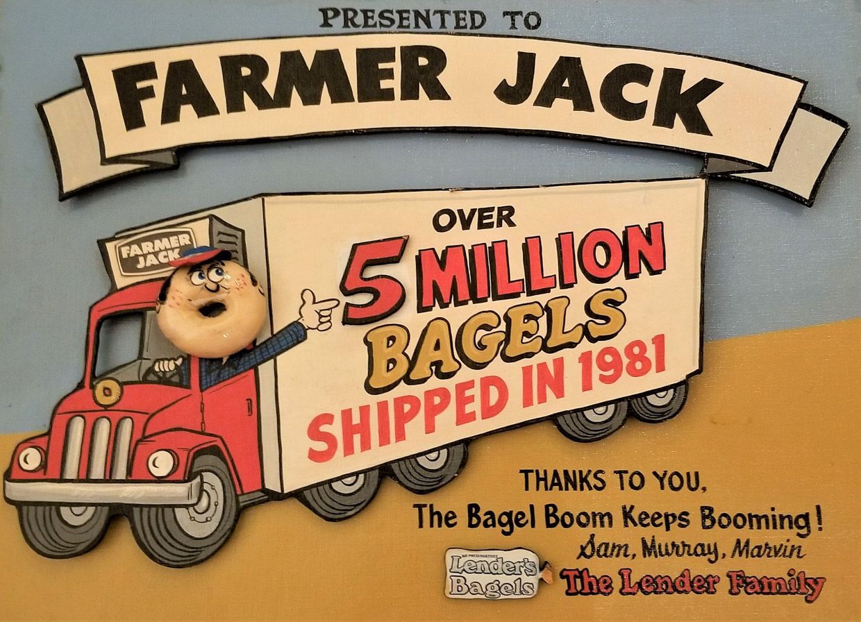 Rysunek ciężarówki przewożącej bajgle z napisem „ponad 5 milionów bigli dostarczonych w 1981 roku”