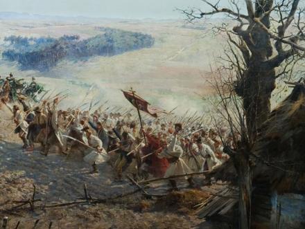 Detal obrazu "Bitwa pod Racławicami", obraz namalowany przez zespół malarzy pod kierunkiem Jana Styki i Wojciecha Kossaka, 1893–1894, fot. Muzeum Narodowe we Wrocławiu