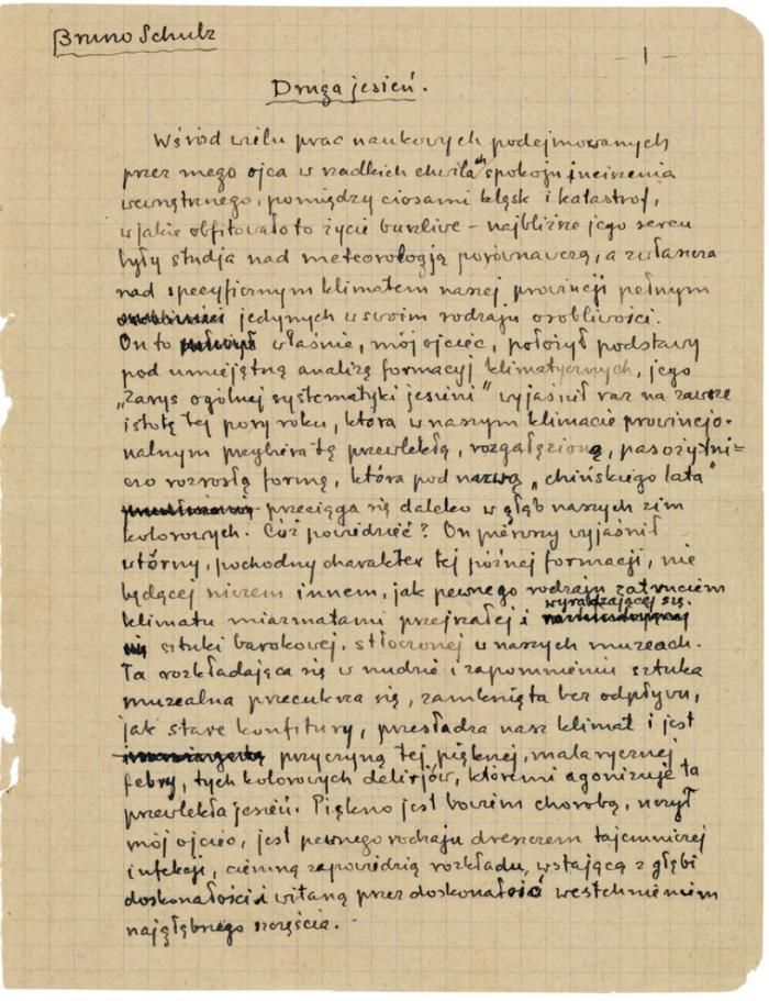 Rękopis opowiadania "Druga jesień" - jedyny zachowany rękopis literacki Brunona Schulza, odnaleziony przez Jerzego Ficowskiego. Źródło: Biblioteka Narodowa