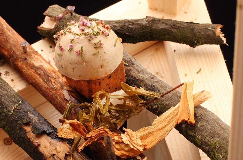 Biszkopt o kształcie grzyba, z maką grzybową i masą creme caramel. Potrawa z menu "Instalacja - Las", autor: Luiza Trisnoi, fot. Jędrzej Stelmaszek