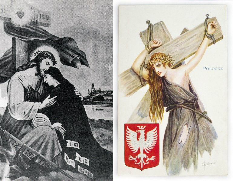 Открытки с изображением Польши в образе Иисуса Христа и Богоматери у креста, а также Полония распятая, фото: общественное достояние