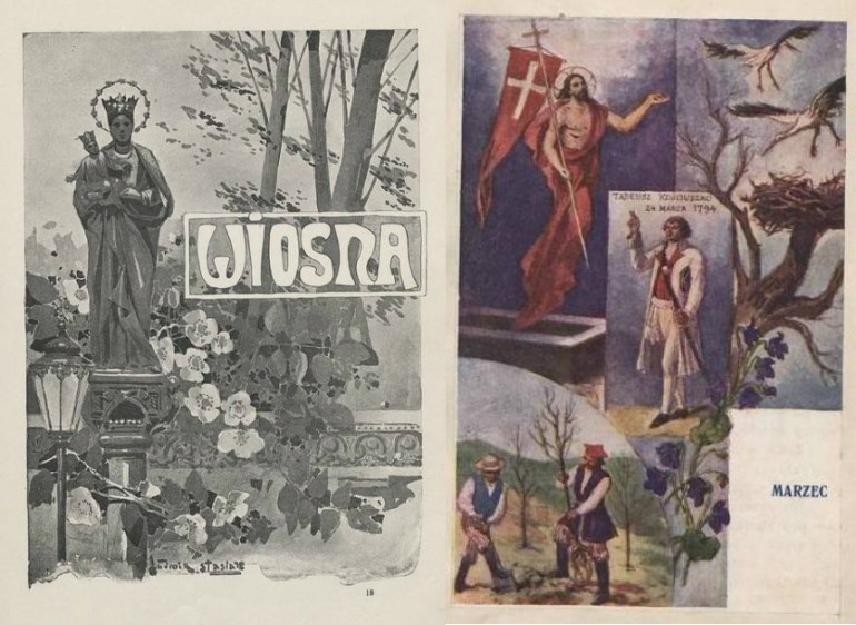 来源于不同波兰日历的春天插图，由Culture.pl创作的拼贴画，图片来自：Polona.pl网站
